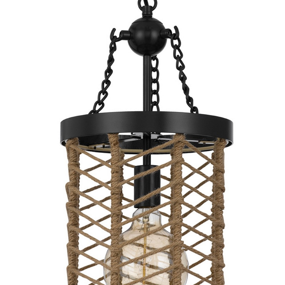 Pendant Light, Cylindric Caged Body with Braided Burlap Rope, Black Metal - BM351679