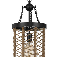 Pendant Light, Cylindric Caged Body with Braided Burlap Rope, Black Metal - BM351679
