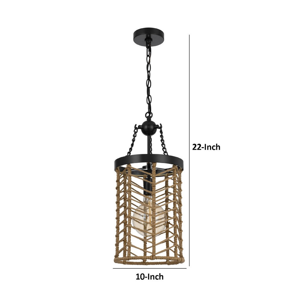 Pendant Light, Cylindric Caged Body with Braided Burlap Rope, Black Metal - BM351679