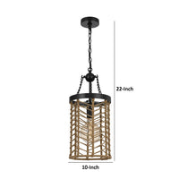 Pendant Light, Cylindric Caged Body with Braided Burlap Rope, Black Metal - BM351679