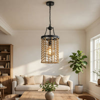 Pendant Light, Cylindric Caged Body with Braided Burlap Rope, Black Metal - BM351679