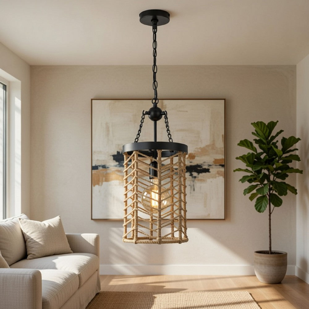 Pendant Light, Cylindric Caged Body with Braided Burlap Rope, Black Metal - BM351679