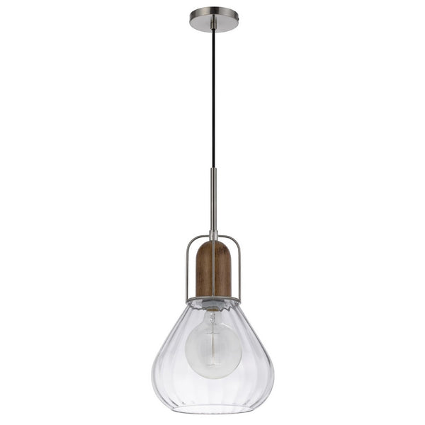 Pendant Light, Adjustable Height, Hand Blown Glass, Wood Accent, Silver - BM351681
