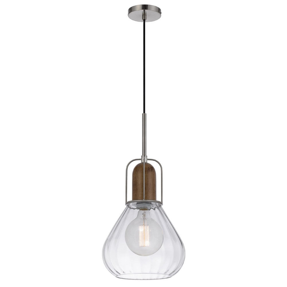 Pendant Light, Adjustable Height, Hand Blown Glass, Wood Accent, Silver - BM351681