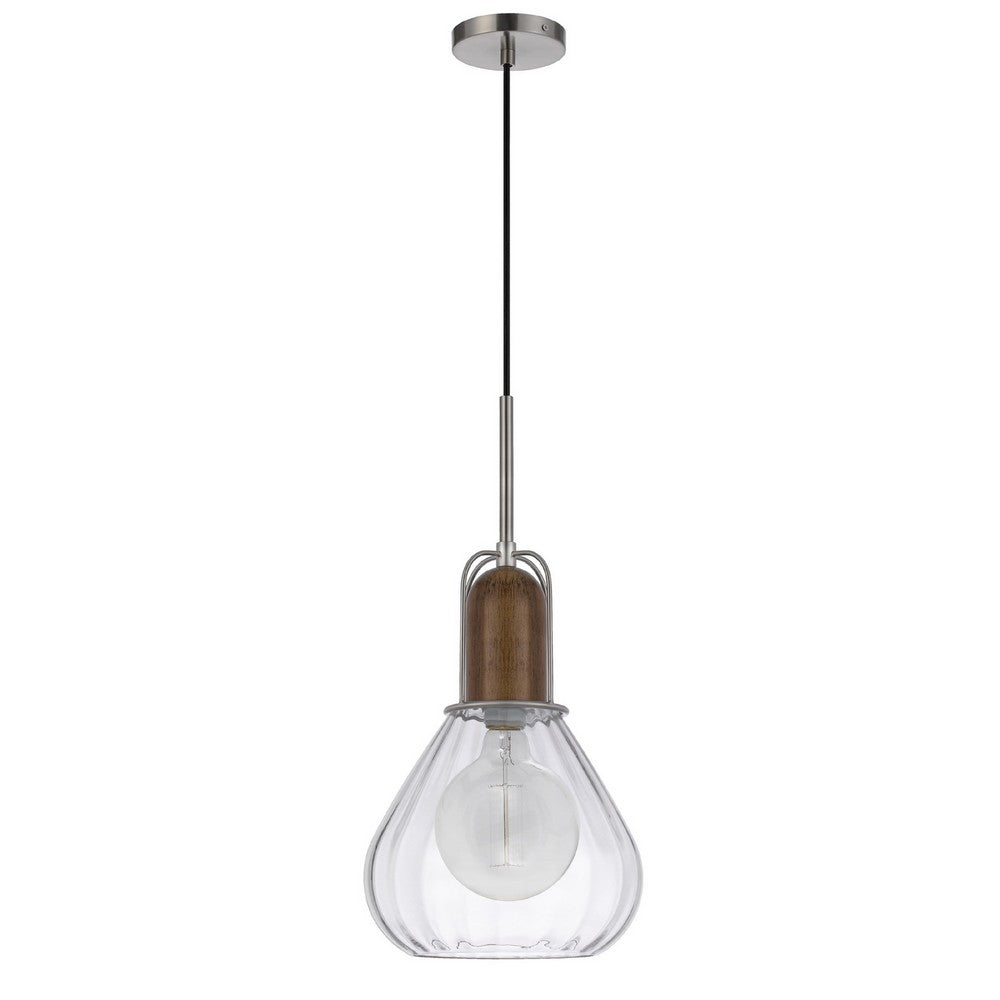 Pendant Light, Adjustable Height, Hand Blown Glass, Wood Accent, Silver - BM351681