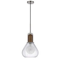 Pendant Light, Adjustable Height, Hand Blown Glass, Wood Accent, Silver - BM351681
