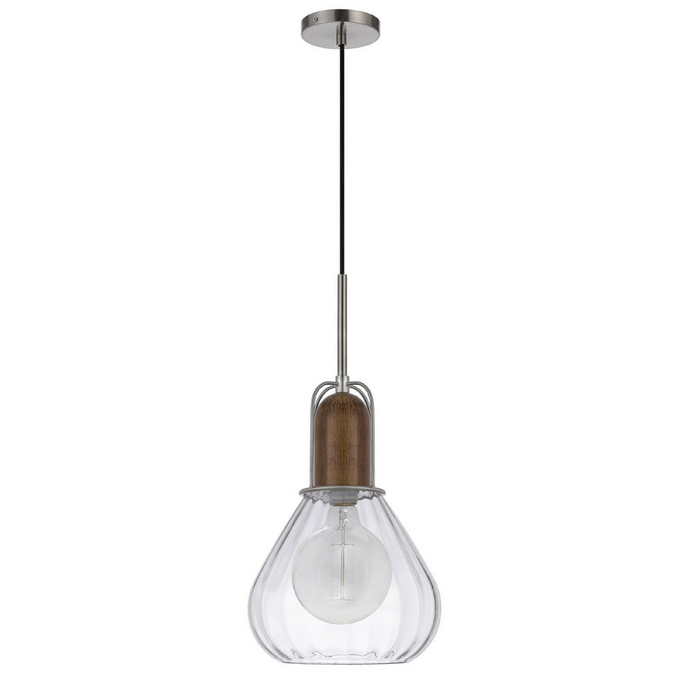 Pendant Light, Adjustable Height, Hand Blown Glass, Wood Accent, Silver - BM351681