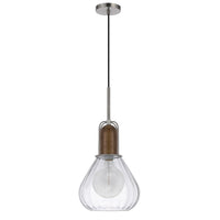 Pendant Light, Adjustable Height, Hand Blown Glass, Wood Accent, Silver - BM351681