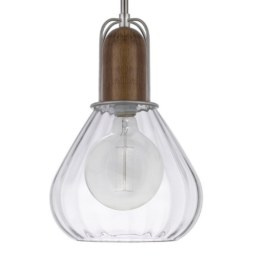Pendant Light, Adjustable Height, Hand Blown Glass, Wood Accent, Silver - BM351681