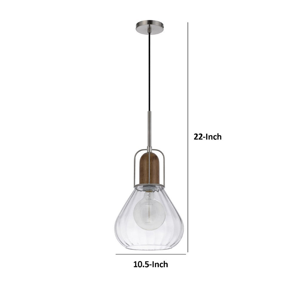 Pendant Light, Adjustable Height, Hand Blown Glass, Wood Accent, Silver - BM351681