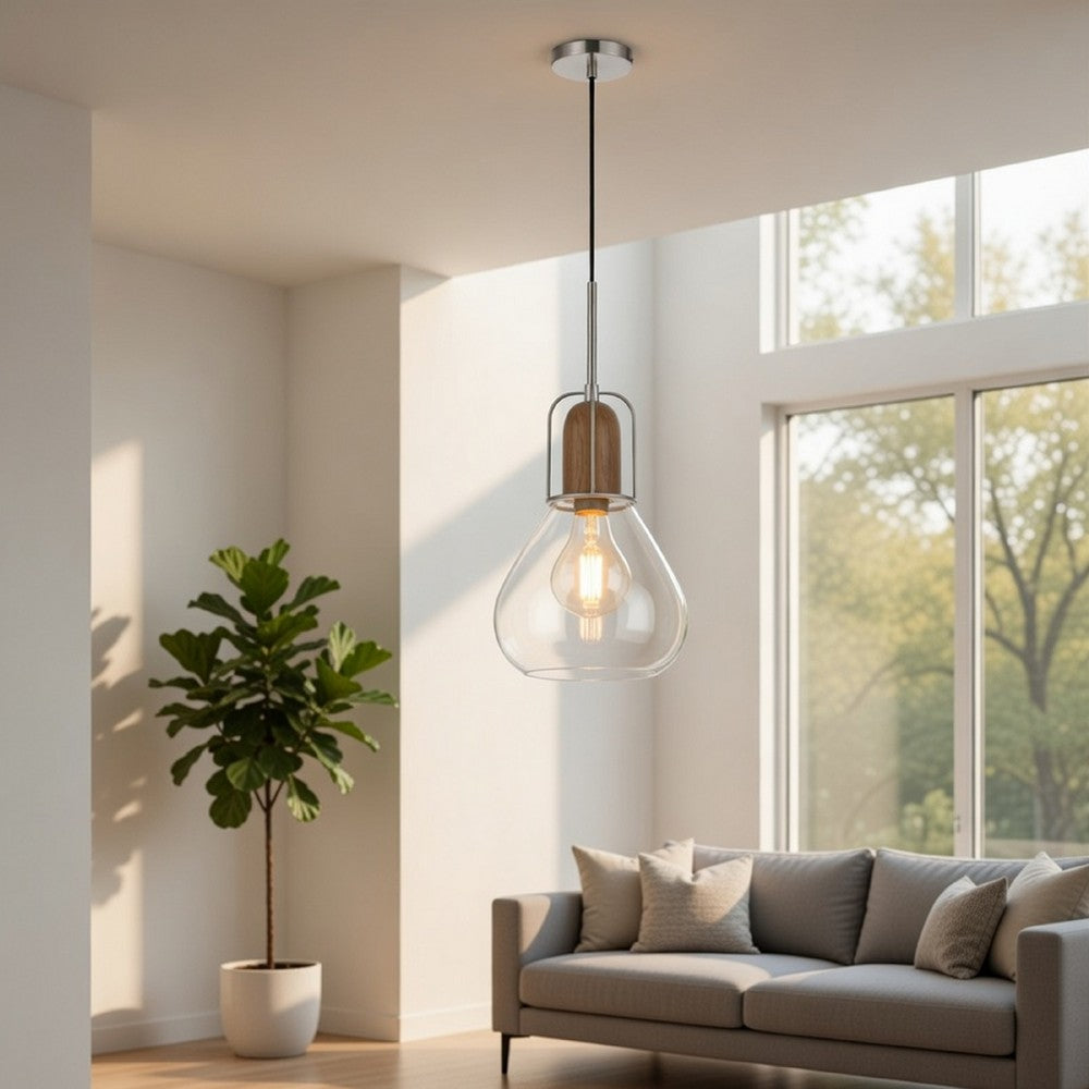 Pendant Light, Adjustable Height, Hand Blown Glass, Wood Accent, Silver - BM351681