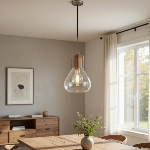 Pendant Light, Adjustable Height, Hand Blown Glass, Wood Accent, Silver - BM351681