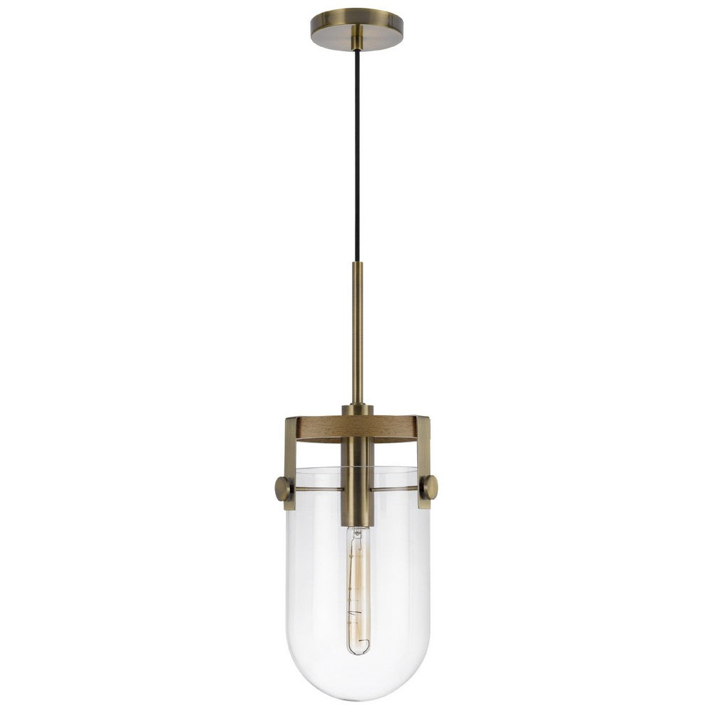 Pendant Light, Rounded Dome Glass Shade, Wood Base, Antique Brass - BM351682