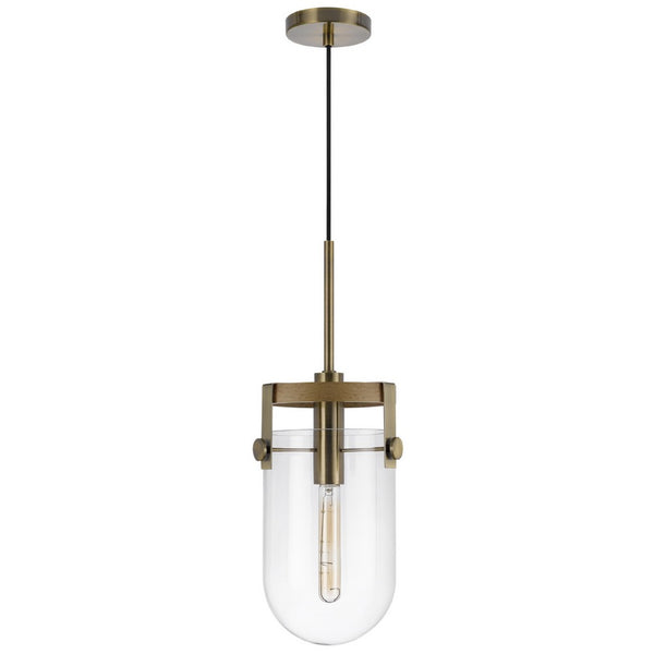 Pendant Light, Rounded Dome Glass Shade, Wood Base, Antique Brass - BM351682