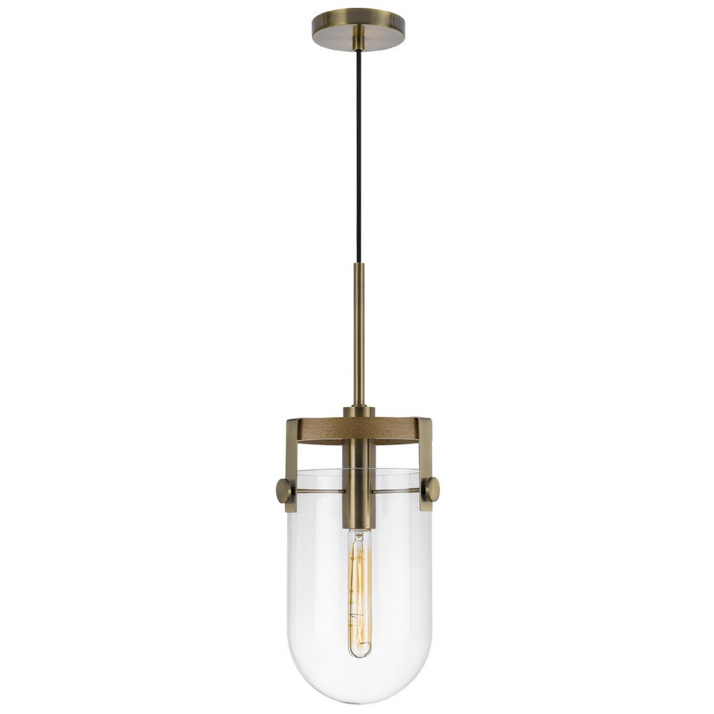 Pendant Light, Rounded Dome Glass Shade, Wood Base, Antique Brass - BM351682