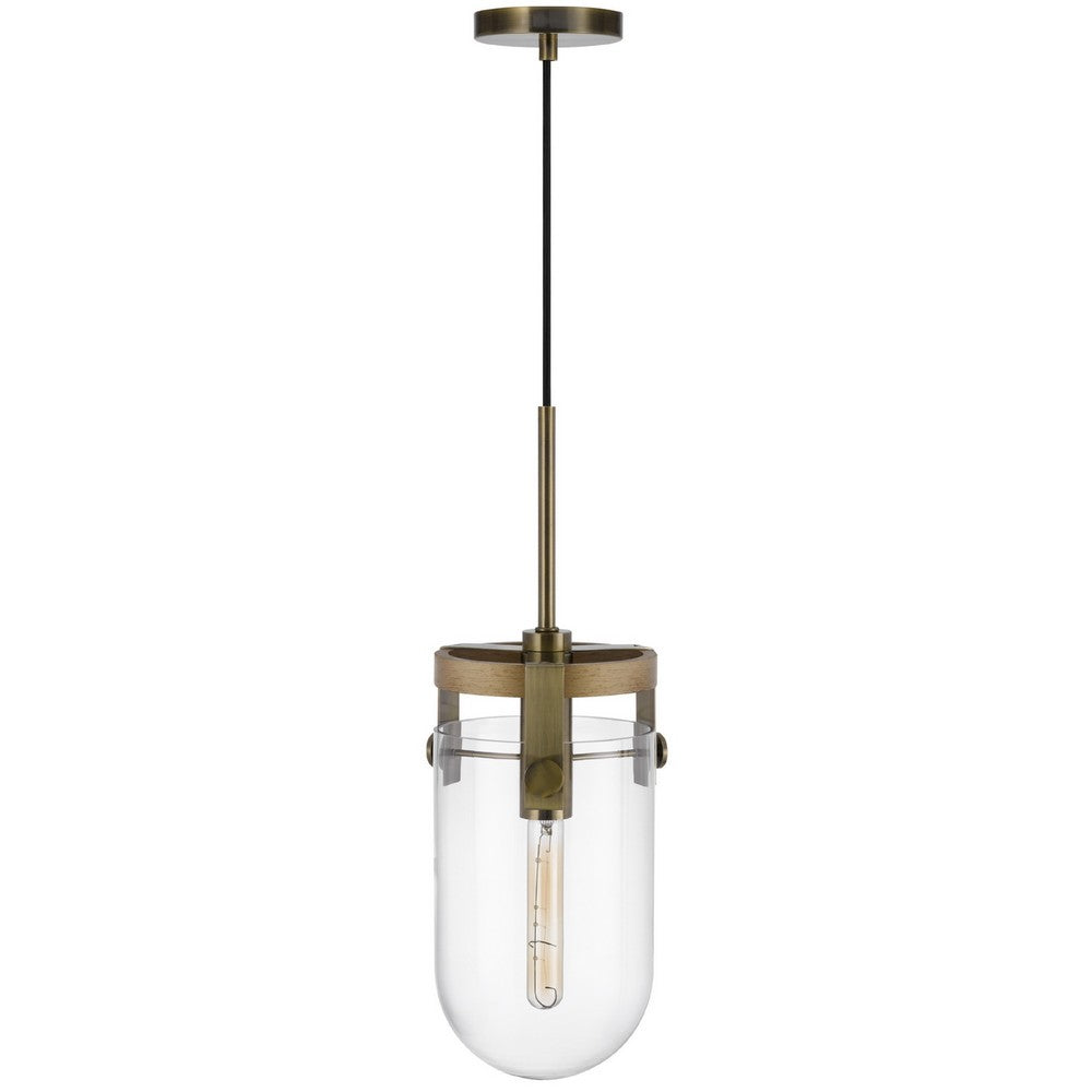 Pendant Light, Rounded Dome Glass Shade, Wood Base, Antique Brass - BM351682