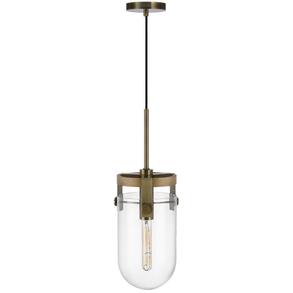Pendant Light, Rounded Dome Glass Shade, Wood Base, Antique Brass - BM351682