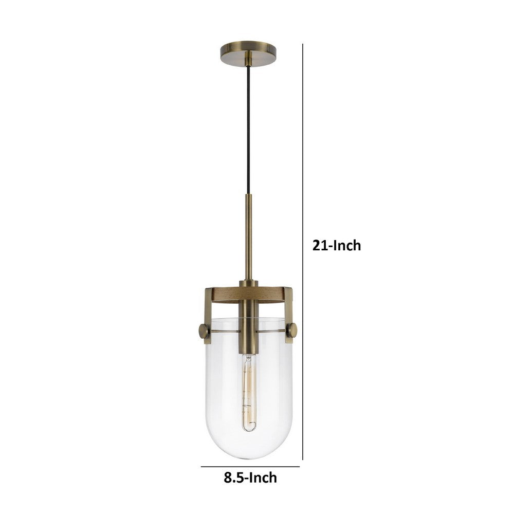 Pendant Light, Rounded Dome Glass Shade, Wood Base, Antique Brass - BM351682