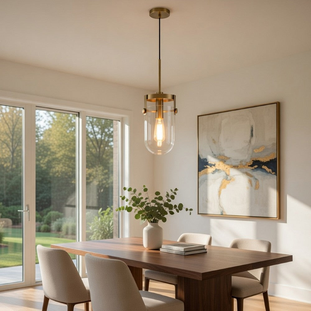 Pendant Light, Rounded Dome Glass Shade, Wood Base, Antique Brass - BM351682