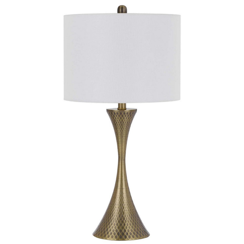 Table Lamp, Tall Hourglass Body, White Shade, Diamond Texture Antique Brass - BM351683