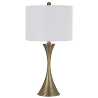 Table Lamp, Tall Hourglass Body, White Shade, Diamond Texture Antique Brass - BM351683