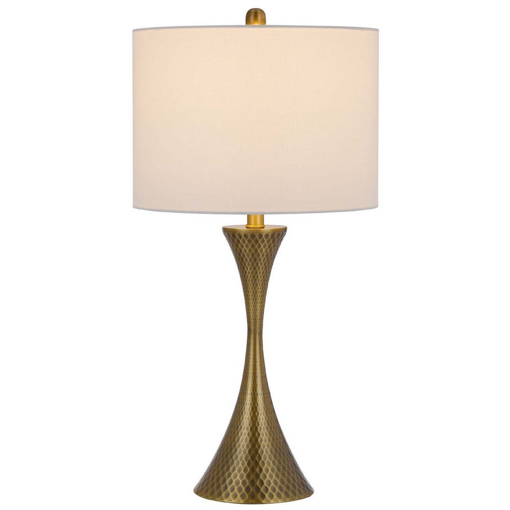 Table Lamp, Tall Hourglass Body, White Shade, Diamond Texture Antique Brass - BM351683