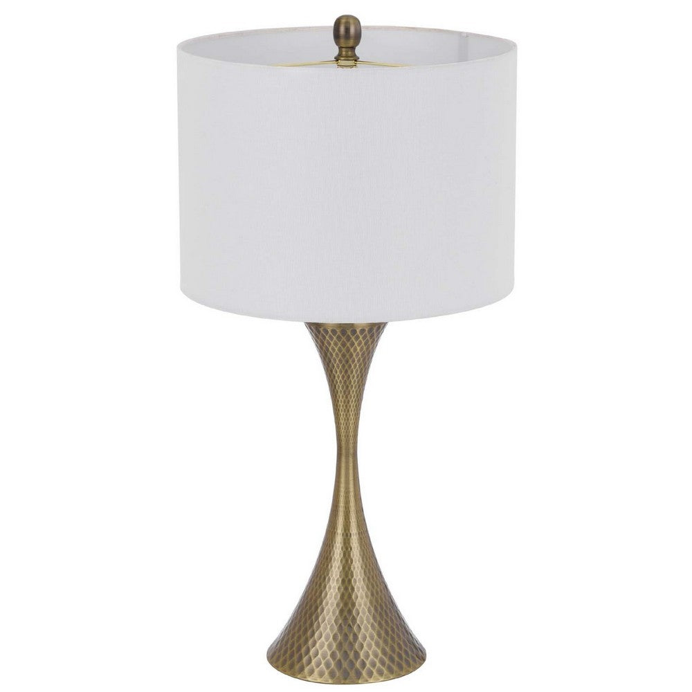 Table Lamp, Tall Hourglass Body, White Shade, Diamond Texture Antique Brass - BM351683