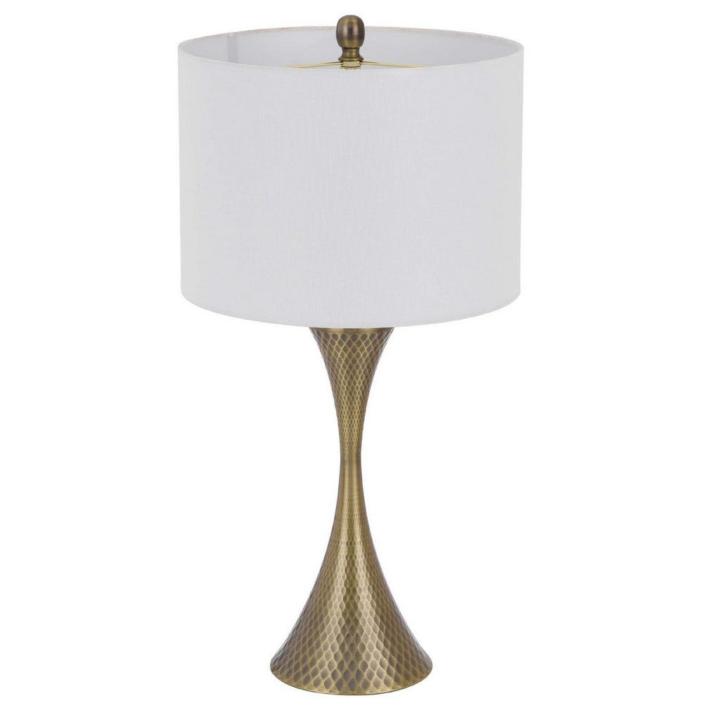 Table Lamp, Tall Hourglass Body, White Shade, Diamond Texture Antique Brass - BM351683