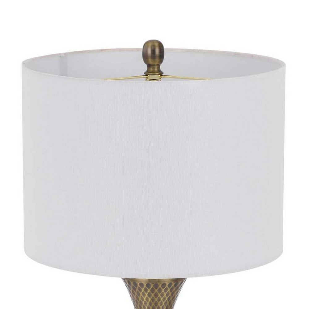 Table Lamp, Tall Hourglass Body, White Shade, Diamond Texture Antique Brass - BM351683