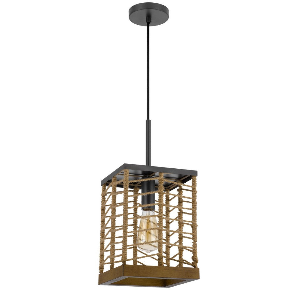 Pendant Light, Braided Burlap Shade, Square Caged Design, Black Metal - BM351684