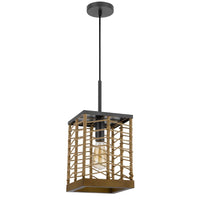 Pendant Light, Braided Burlap Shade, Square Caged Design, Black Metal - BM351684
