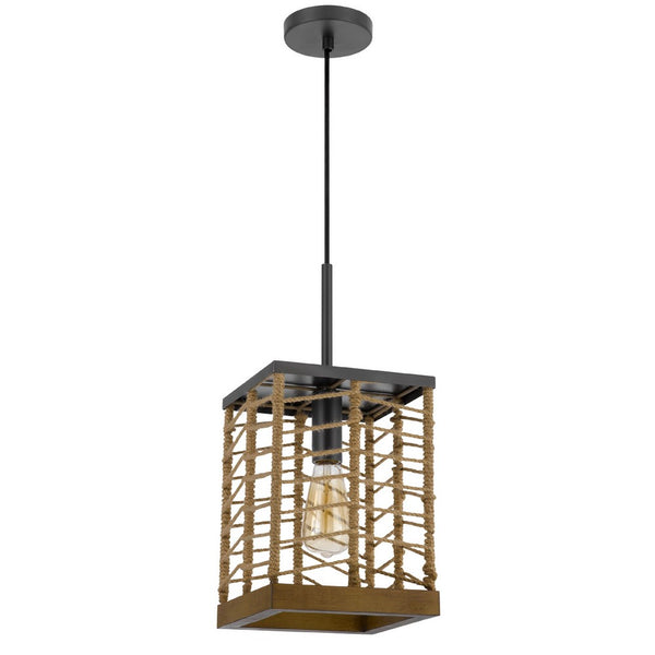 Pendant Light, Braided Burlap Shade, Square Caged Design, Black Metal - BM351684