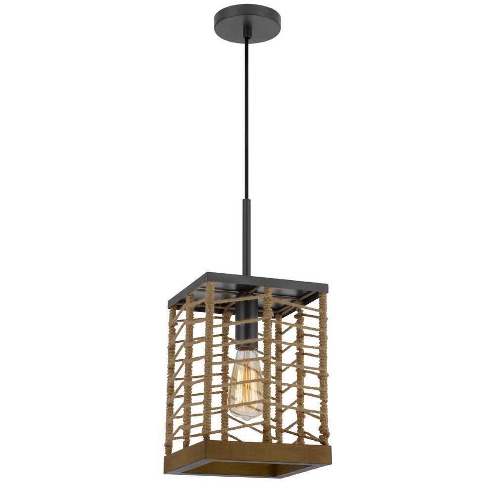 Pendant Light, Braided Burlap Shade, Square Caged Design, Black Metal - BM351684