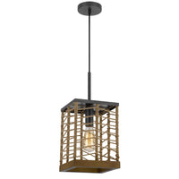 Pendant Light, Braided Burlap Shade, Square Caged Design, Black Metal - BM351684