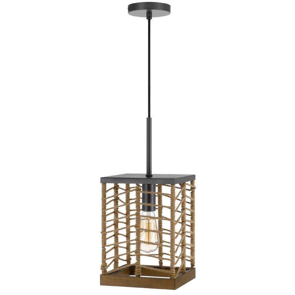 Pendant Light, Braided Burlap Shade, Square Caged Design, Black Metal - BM351684