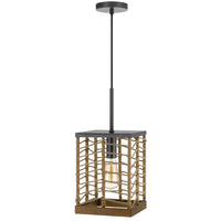 Pendant Light, Braided Burlap Shade, Square Caged Design, Black Metal - BM351684