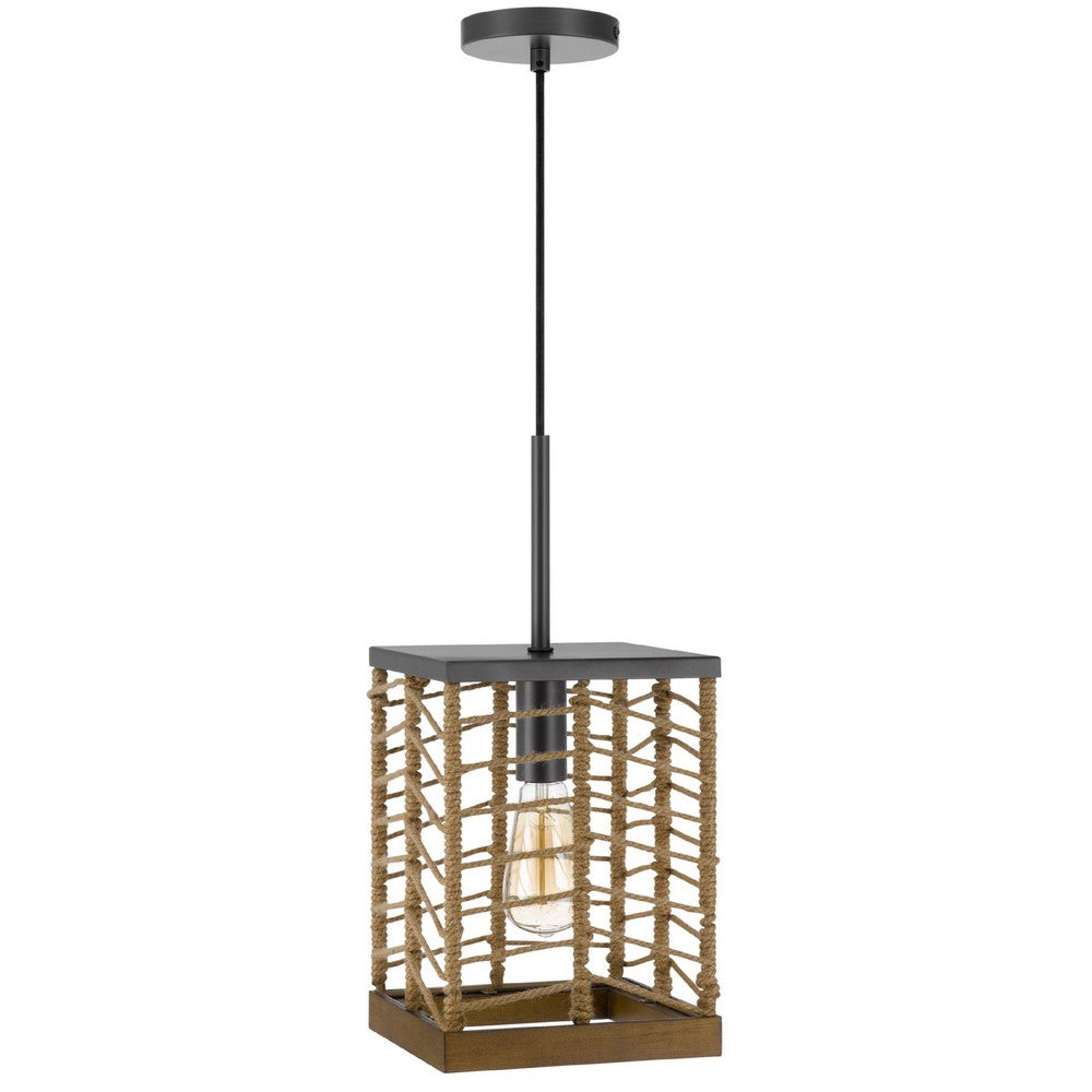 Pendant Light, Braided Burlap Shade, Square Caged Design, Black Metal - BM351684