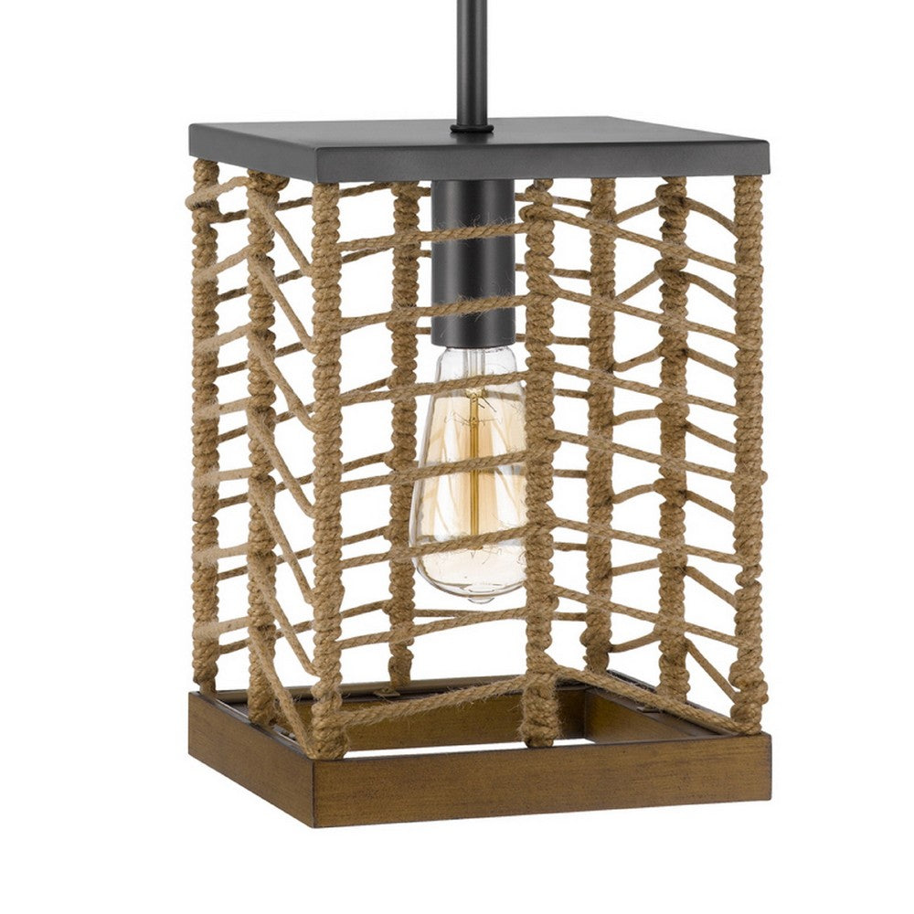 Pendant Light, Braided Burlap Shade, Square Caged Design, Black Metal - BM351684
