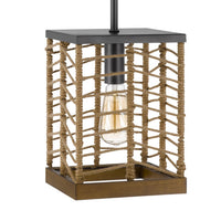 Pendant Light, Braided Burlap Shade, Square Caged Design, Black Metal - BM351684