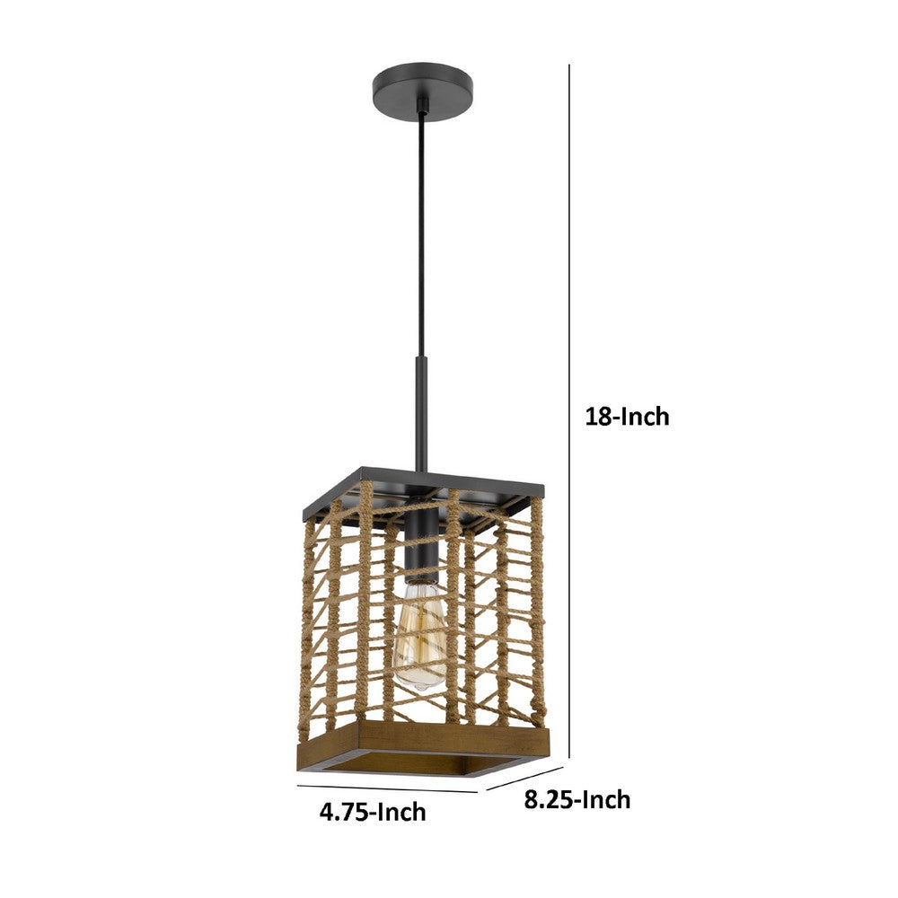 Pendant Light, Braided Burlap Shade, Square Caged Design, Black Metal - BM351684
