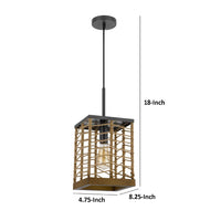 Pendant Light, Braided Burlap Shade, Square Caged Design, Black Metal - BM351684