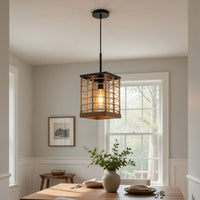 Pendant Light, Braided Burlap Shade, Square Caged Design, Black Metal - BM351684