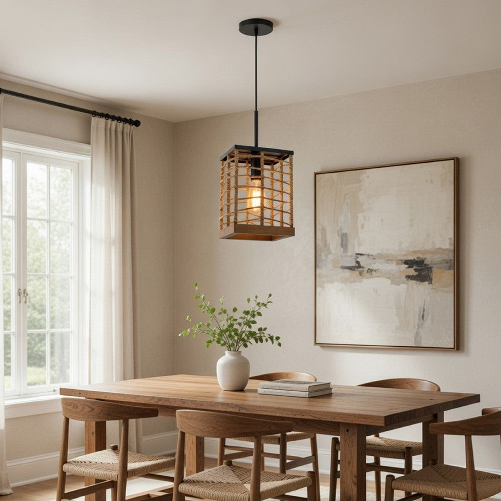 Pendant Light, Braided Burlap Shade, Square Caged Design, Black Metal - BM351684