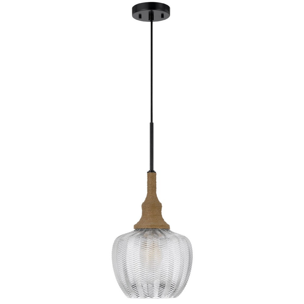 Pendant Light, Leaf Pattern Glass Shade, Burlap Rope Accent, Black Metal - BM351685