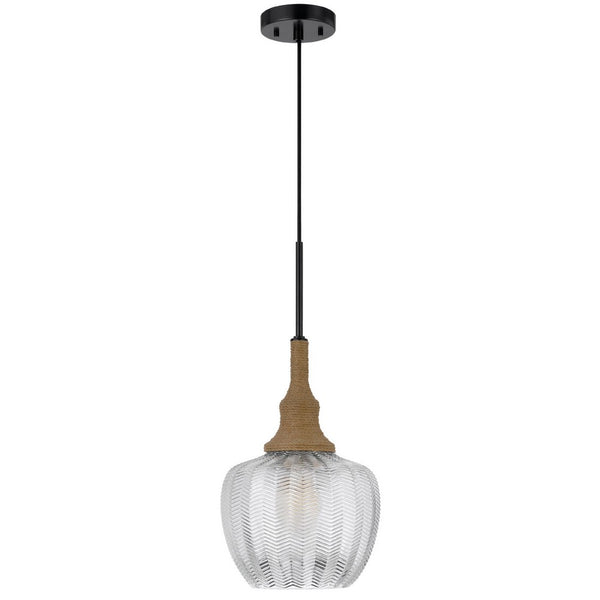 Pendant Light, Leaf Pattern Glass Shade, Burlap Rope Accent, Black Metal - BM351685