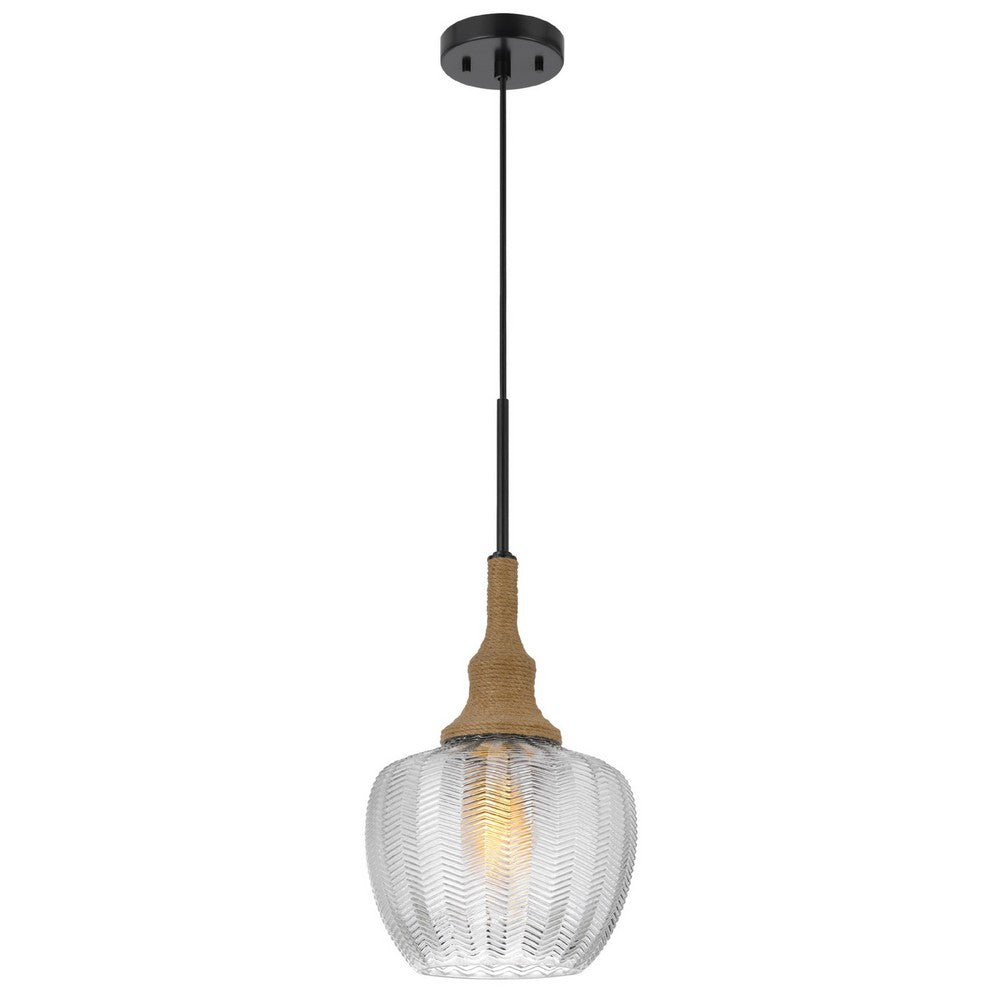 Pendant Light, Leaf Pattern Glass Shade, Burlap Rope Accent, Black Metal - BM351685