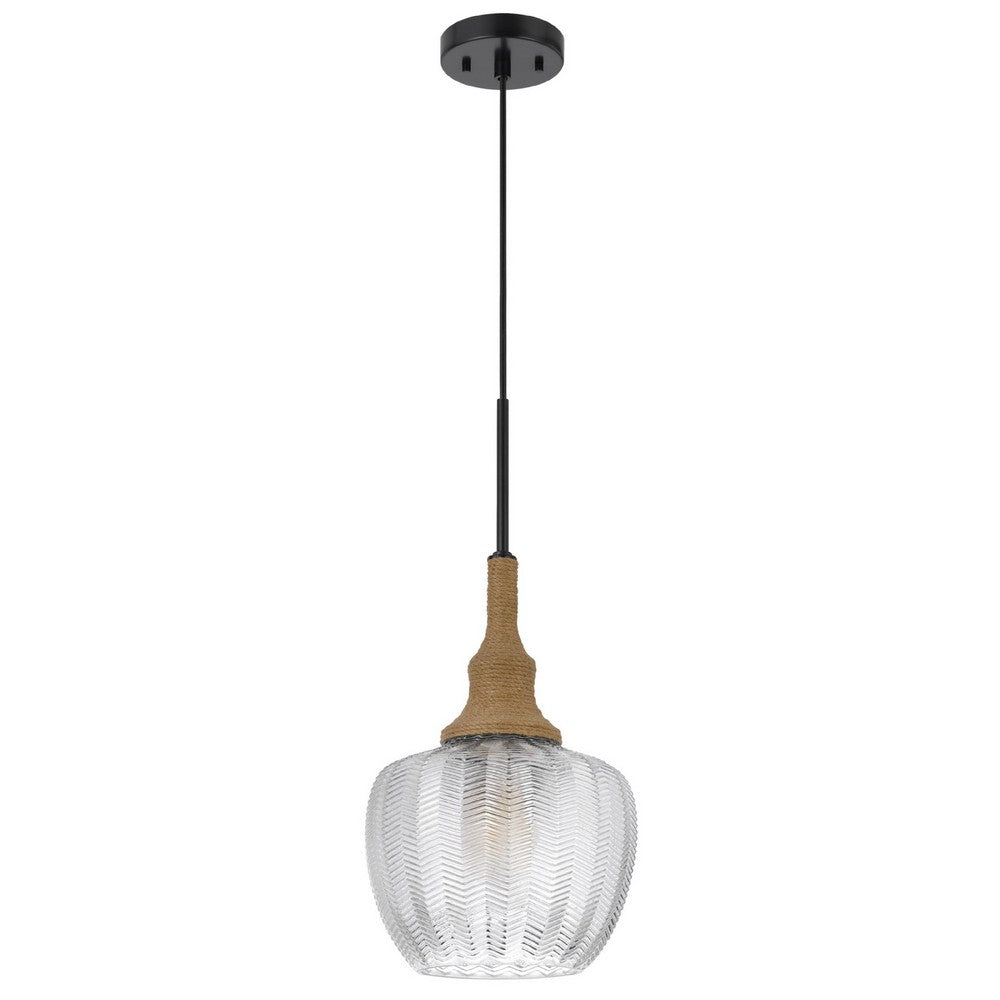 Pendant Light, Leaf Pattern Glass Shade, Burlap Rope Accent, Black Metal - BM351685