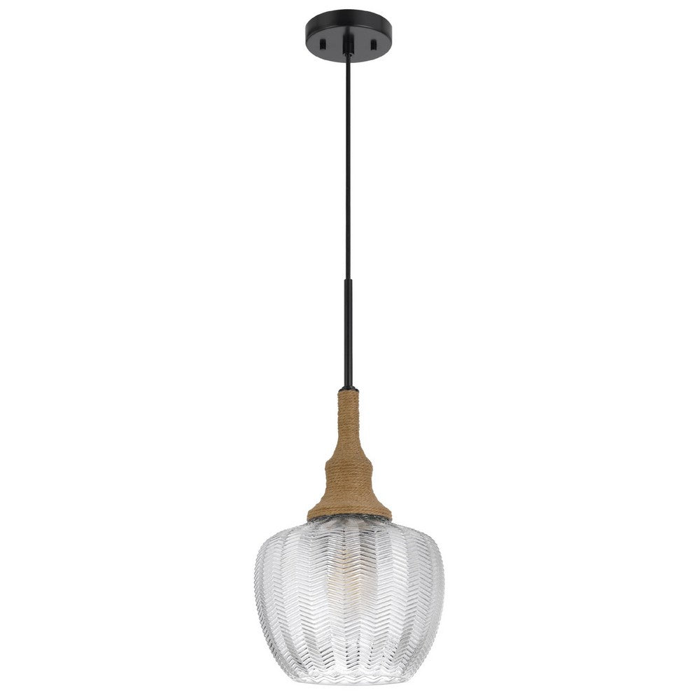 Pendant Light, Leaf Pattern Glass Shade, Burlap Rope Accent, Black Metal - BM351685
