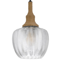 Pendant Light, Leaf Pattern Glass Shade, Burlap Rope Accent, Black Metal - BM351685