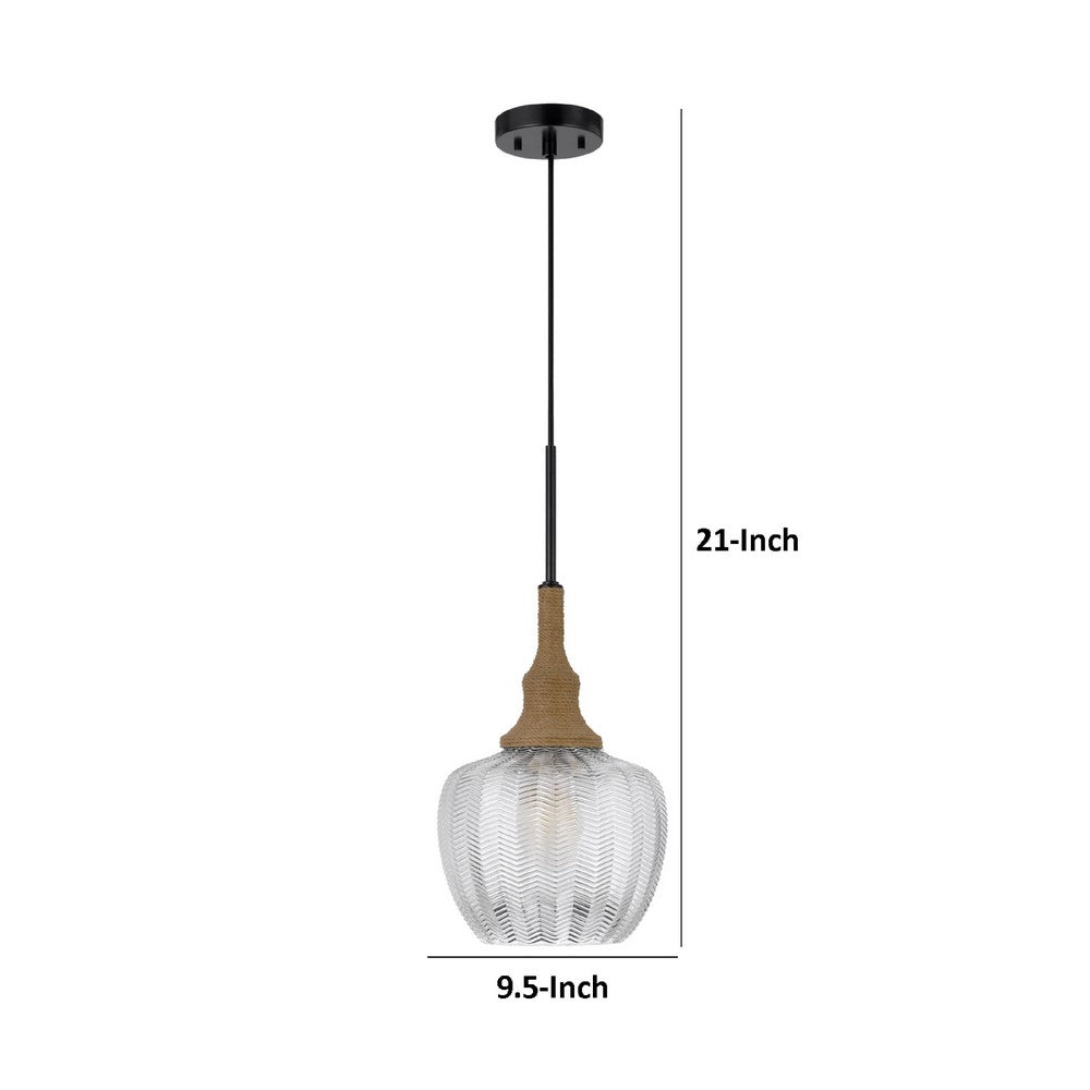 Pendant Light, Leaf Pattern Glass Shade, Burlap Rope Accent, Black Metal - BM351685
